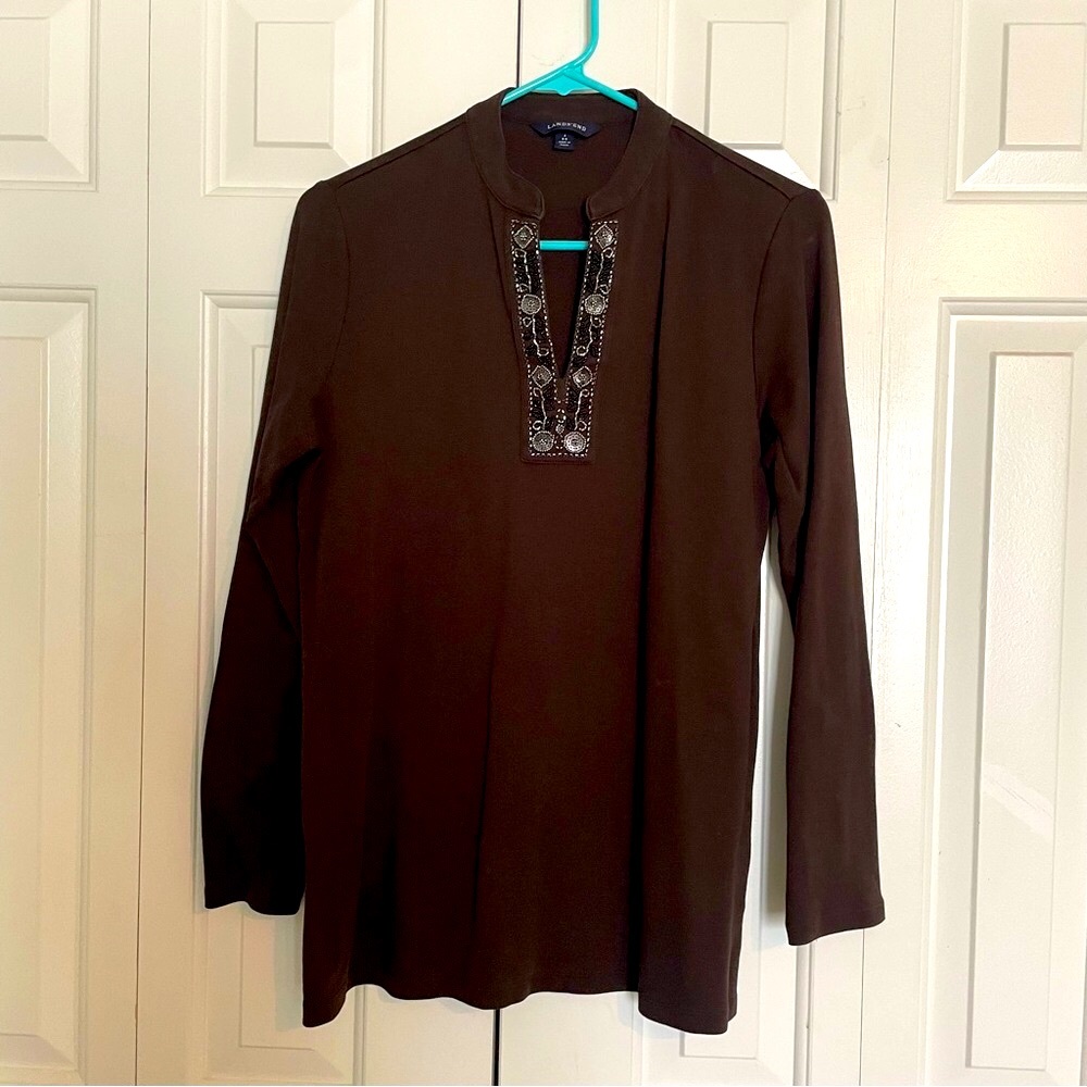 Lands' End Brown Long Sleeve Mandarin Collar Tunic with Beadwork